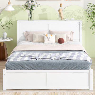 Queen Size Bed With Pull Out Shelves And Twin Xl Trundle, White - Solid Wood , Versatile Storage Trundle Construction, Comfortable
