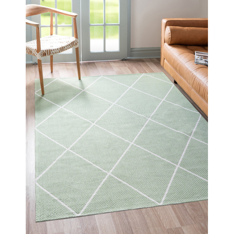 Tapis vert / ivoire en coton Siya, Rectangle 8 pi 5 po x 11 pi 4 po