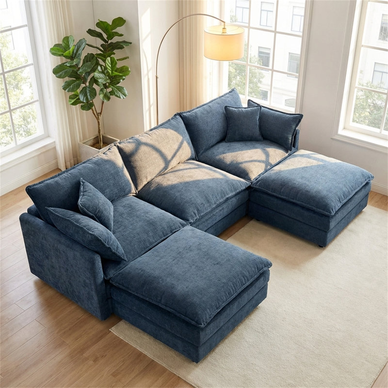 Canapé modulaire en chenille de 130,7 po en U avec repose-pieds amovible pour quatre personnes, Bleu
