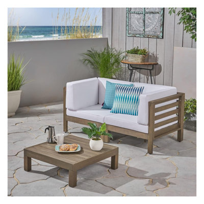 Ensemble de causeuse d'extérieur en bois d'acacia blanc 3 pièces avec table basse Oana