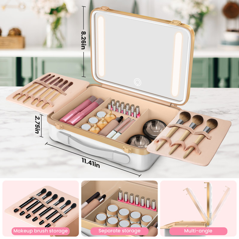 Portable Makeup Organizer Makeup Tool Case With Led Mirror Pink, White