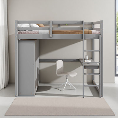Lit mezzanine double en bois avec garde-robe intégrée, bureau, tablettes de rangement et tiroirs