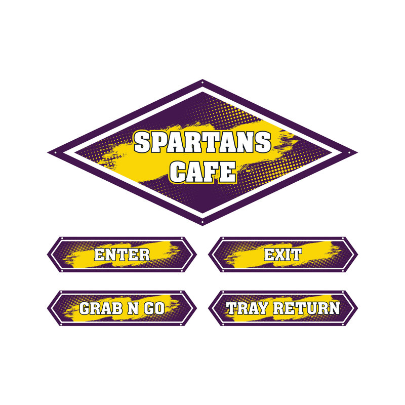 AmTab - Serving-Décor-S02-D-EC - Serving Area Signage (5 pieces) - Style 2 - Spartans
Café Sign: 24"W x 72"L
Enter Sign:  8.5"W x 36"L
Exit Sign:  8.5"W x 36"L
Grab N Go Sign:  8.5"W x 36"L
Tray Return Sign:  8.5"W x 36"L