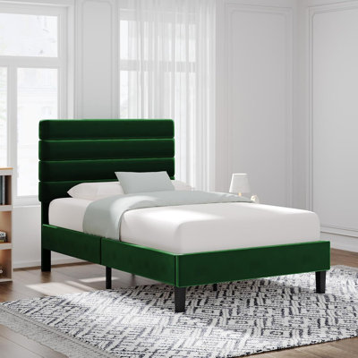 Bed frame with headboard, platform bed frame with velvet upholstered headboard and channel design