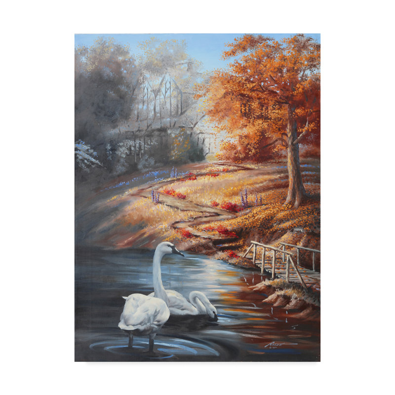Rusty Rust Swans Landscape Canvas Art in Autumn Colors