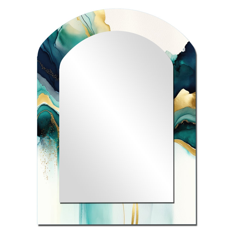 Teal And Gold Abstract Expression I - Liquid Ink Arch Decorative Mirror, Modern Asymmetrical Wall Mirror, Printed Metal Art