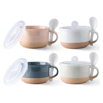 Set of 4 24oz Ceramic Soup Mugs with Handles, Lids and Spoons, Terracotta Underside, Colorful, Microwave & Dishwasher Safe