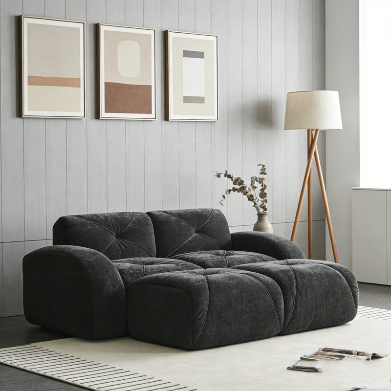 Velvet Fabric Sofa with Movable 2 Ottomans, Black