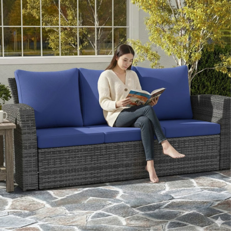 Canapé de patio 67,7 po en osier 3 places avec coussins épais toutes saisons, Bleu