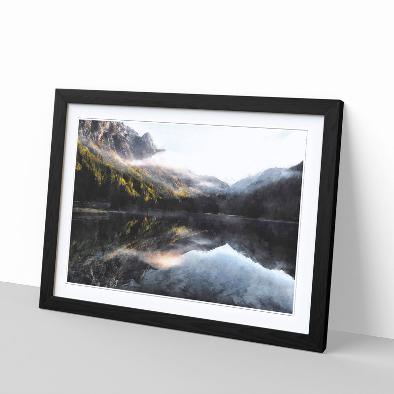 Antholzer See Lake Reflection - Single Picture Frame Painting on MDF, Black, 35cm H x 50cm W x 2cm D