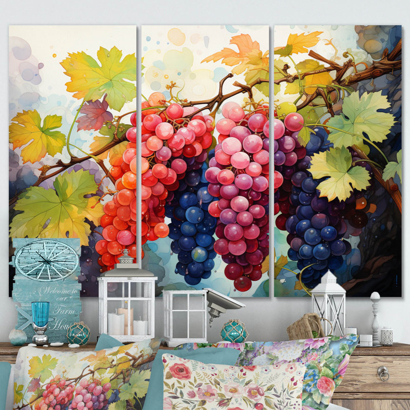 Rose, mauve, nourriture, raisins, vignobles, pointillisme, ensemble de salon, H 32 po x l 48 po x P 1 po