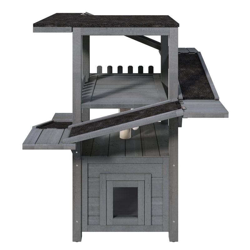 Maison pour chat à 4 niveaux avec toit et rampes imperméables, grande enceinte pour chat en bois résistant aux intempéries, abri pour chat à plusieurs niveaux