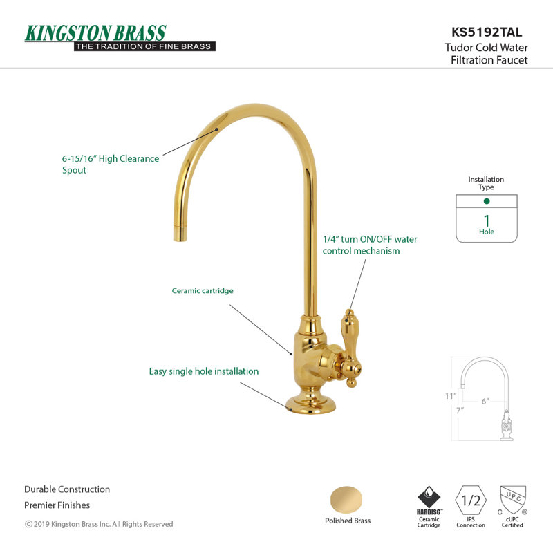 Kingston Brass Tudor Single-Handle 1-Hole Deck Mount Water Filtration Faucet, Polished Brass