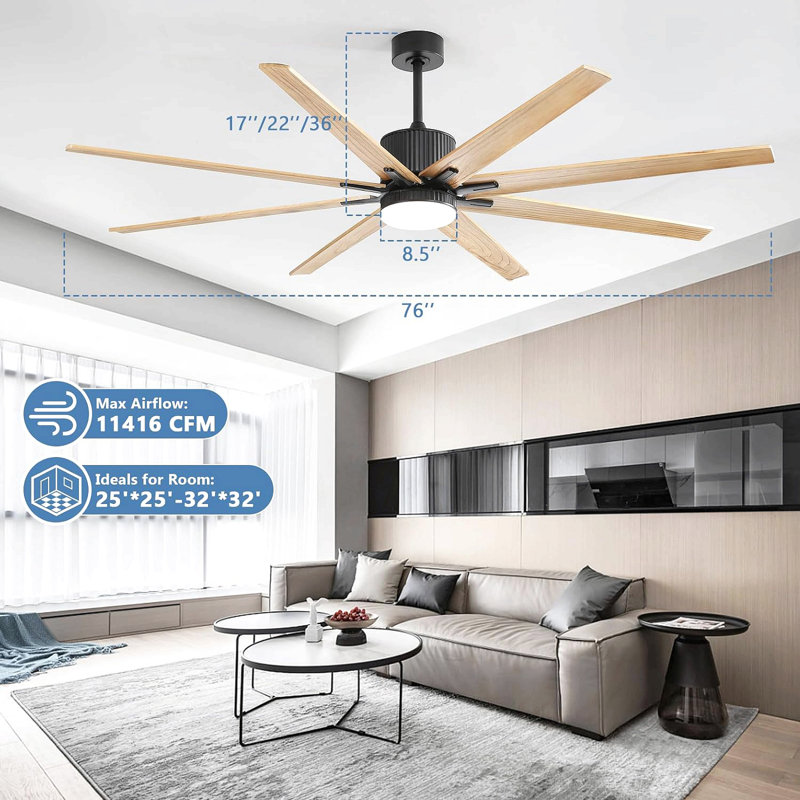 Industrial Dc Motor Ceiling Fan No Light, Large Ceiling Fan With 8 Reversible Blades, 3 Downrods, 6-Speed Remote Control, Home Or Commercial Ceiling Fans For Porch/Garage/Shop