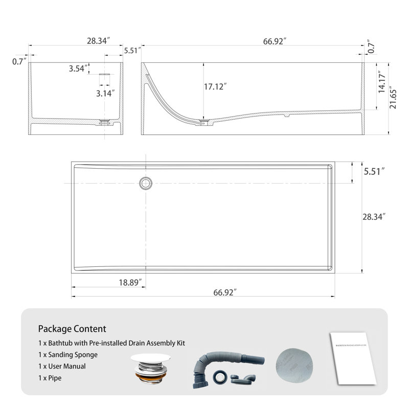 67" Rectangular Freestanding Bathtub Matte Black & Glod Veining Design Stone Resin Soaking Tub With Thick Sloped Backrest
