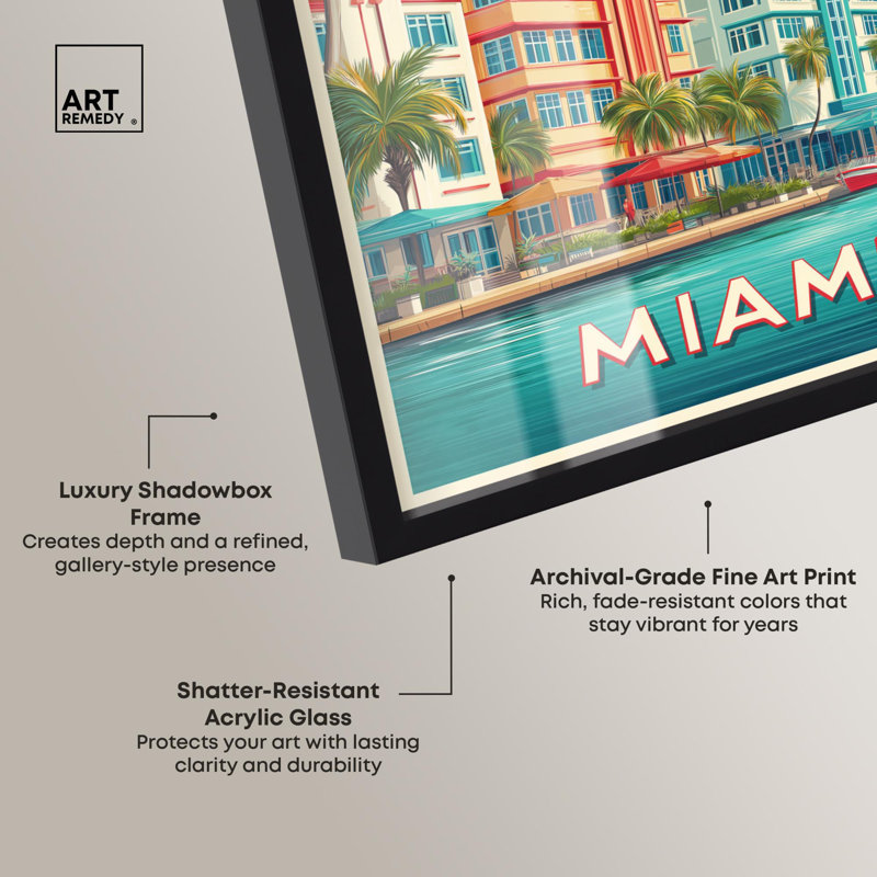 «Miami Deco I Shadowbox Print Retro Summer Decor» par Art Remedy, H 21 po x l 17 po, Noir