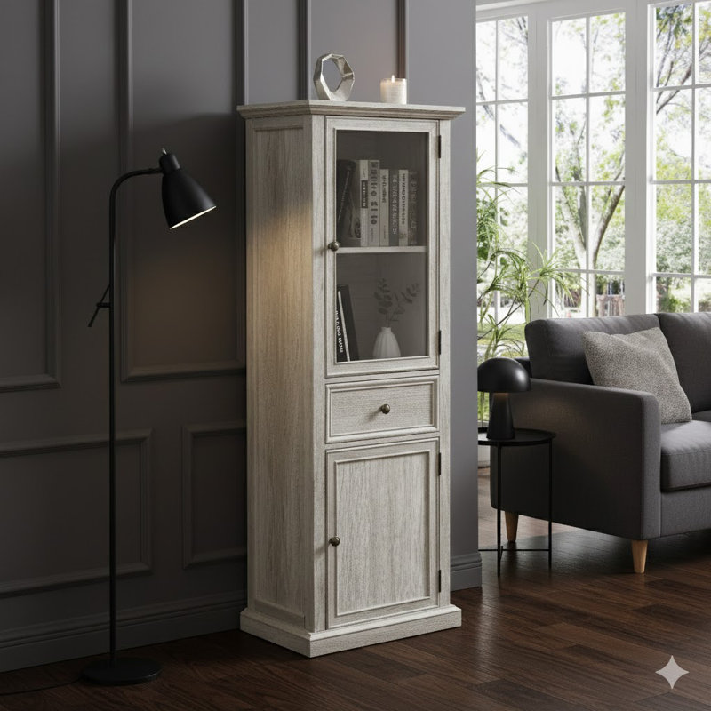 Grande armoire de rangement autoportante - porte vitrée, tablettes et tiroir intégrés, buffet polyvalent pour le salon, la cuisine, le bureau, blanc