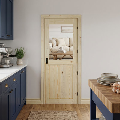 Not Prehung, Unfinished Full-Lite Clear Glass And Solid Wood Dutch Door Slab With Hardware Kit