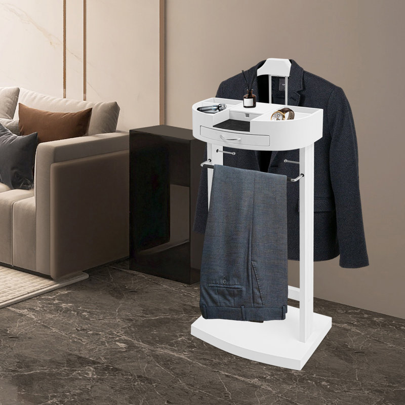 White Freestanding Sturdy Base Wooden Suit Clothes Coat Stand With Drawer