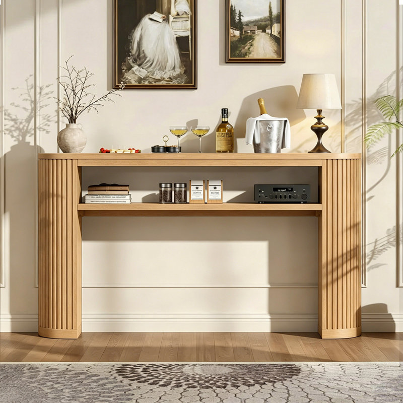Rustic Console Table With Open Shelf, Modern Accent Table With Curved Legs For Entryway Hallway, Natural