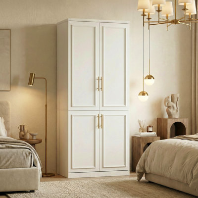 4 Door Wardrobe Armoire with Hanging Rod and Storage Shelves, Modern Bedroom Closet Cabinet for Clot