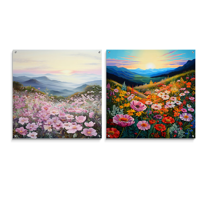 Pink Roses Field In Mountain III - Roses Acrylic Wall Art Glass Set Of 2, 16" H x 33" W