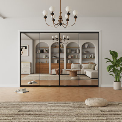 96x80 Room Divider​ Black Aluminum Frame Tempered Mirror Sliding Closet Door With Hardware Kit 4 Panels Closet And Room Divider​