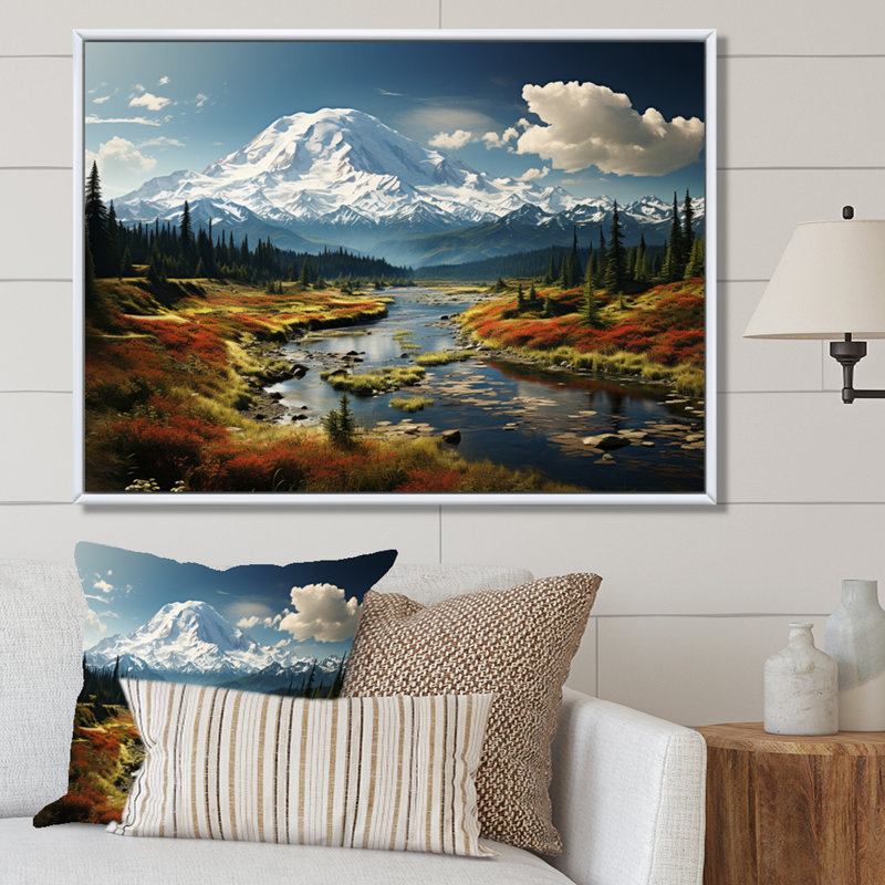 Art mural américain «Mount Rainier» - États-Unis, H 30 po x l 40 po x P 1,5 po, Cadre flottant blanc