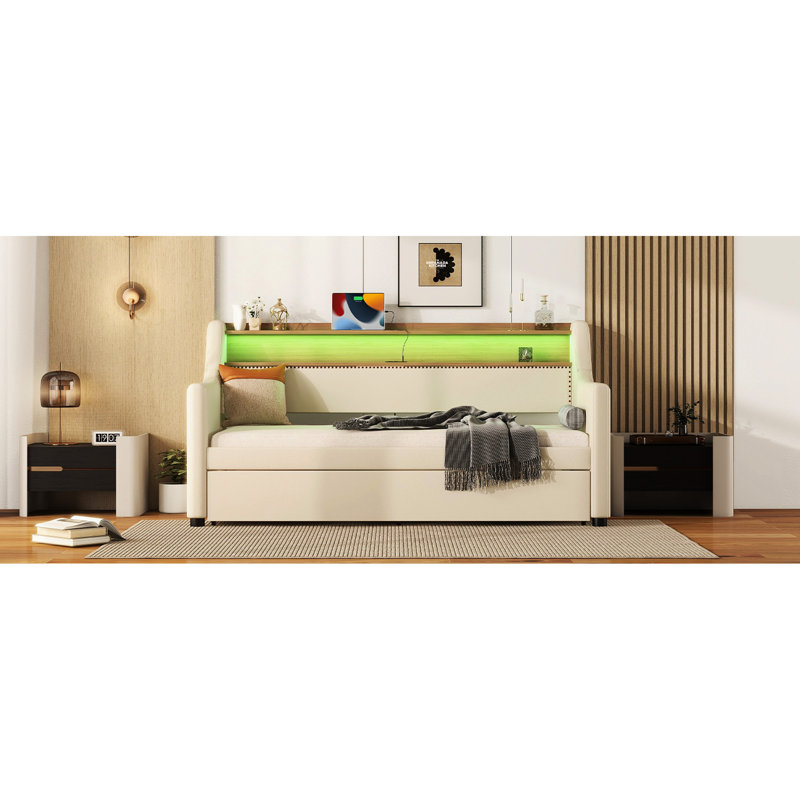 Lit de jour simple avec couchette en magnifique beige - Station de charge, lumières à DEL et support de tête de lit serein