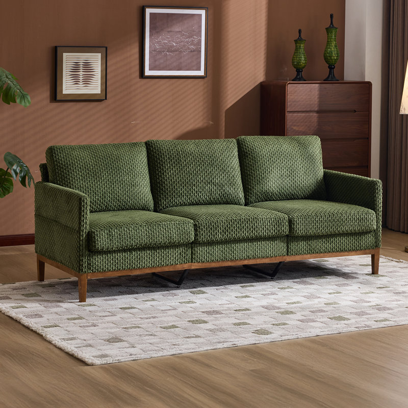 Boneless Modern Farmhouse Velvet Upholstery 3-Seater Sofa With Solid Wood Frame & Slim Track Arms, Olive Green