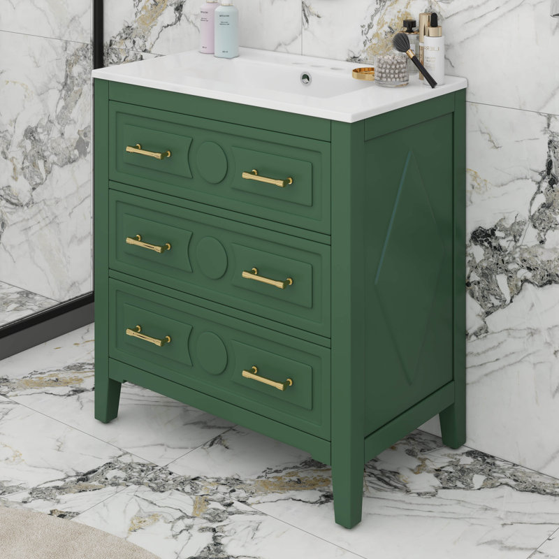 Ensemble de meuble-lavabo 30 po avec lavabo en céramique et 3 tiroirs, Vert, Doré