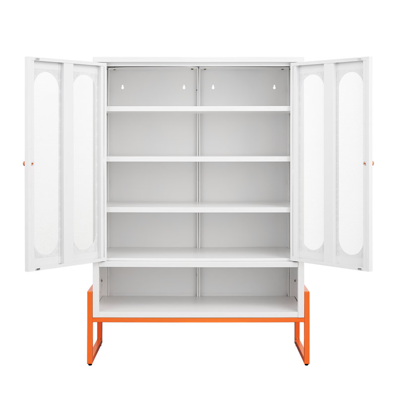 Double Door Shoe Cabinet With 3 - 4 Powder Coated Shelves, 15Cm Elevated Base, And Smooth Steel Handle Modern Adjustable Design, Handle, For Living Areas