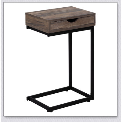 Table d'appoint, en forme de C, bout, côté, collation, tiroir de rangement, stratifié brun, métal noir