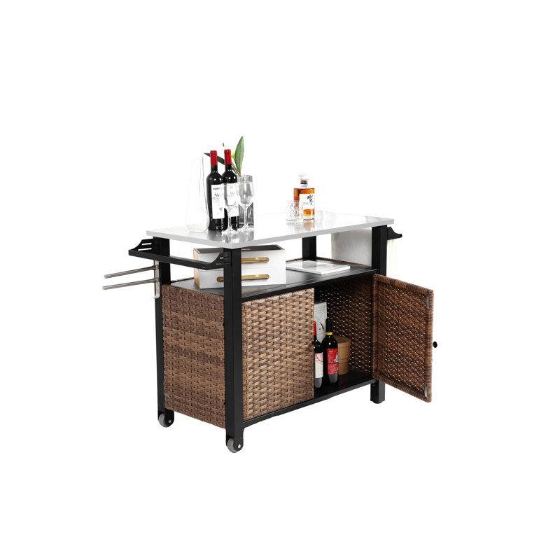Chariot de roulage et d'armoire pour îlot de cuisine pour l'extérieur, roulettes et plateau de table en acier inoxydable, poignée latérale pour chariot de patio ou de bar, brun