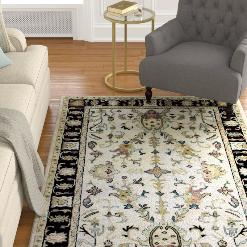 Tapis beige / vert / noir en laine touffeté à la main Prospe
