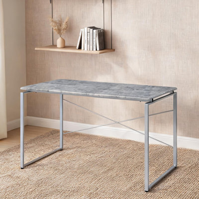 Writing Desk with Faux Concrete Gray Top and Silver Metal Sled Base for Home Office