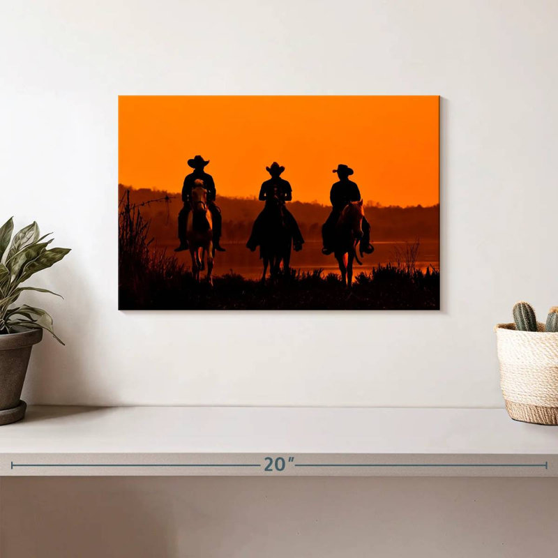Cowboys au coucher du soleil, H 8 po x l 12 po