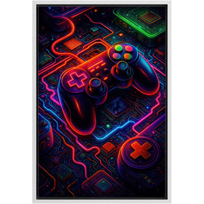 Neon Gaming Controller and Keyboard Artwork, Modern Game Room Pictures, Framed Canvas Giclee Print 3 Pieces Wall Art