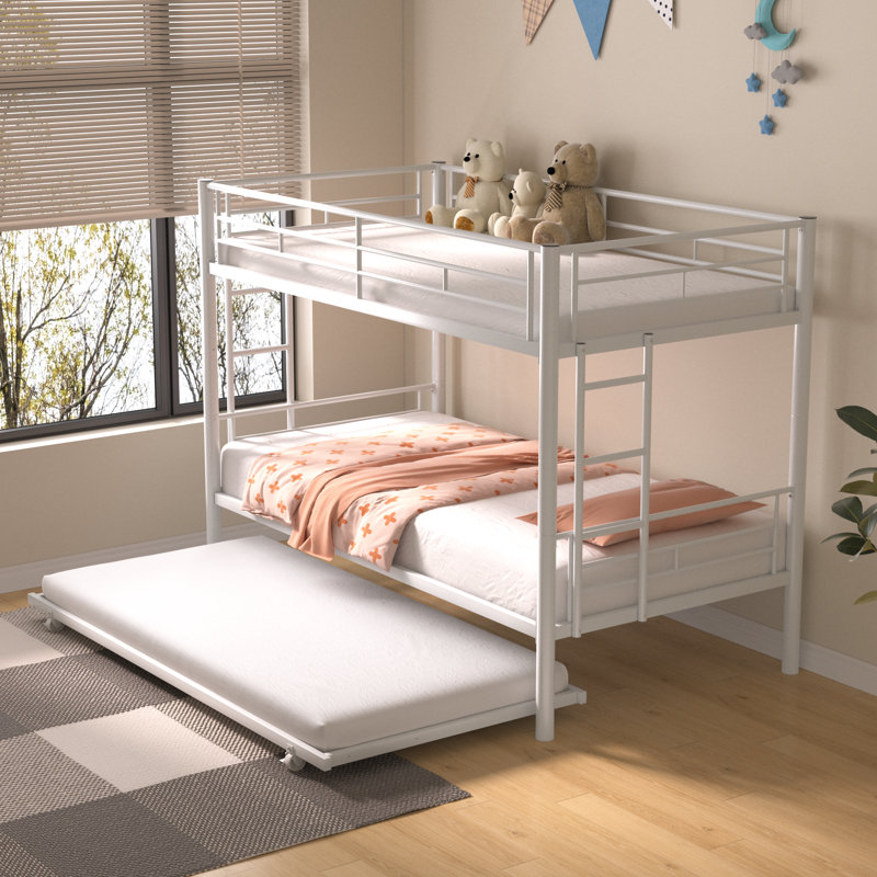 Aafke Twin-Over-Twin Bunk Bed with Trundle,Metal Trundle- W/Safety Rail and Ladder, Beige