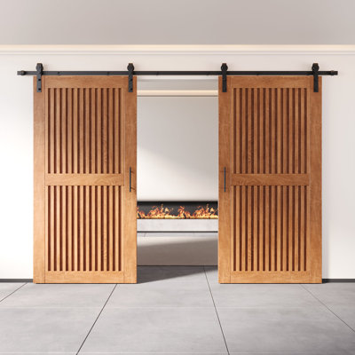 Homacer Early American Double 26in x 80in Unassembled & Finished Vertical Stripe Design Barn Doors with Non-Bypass Installation Hardware Kit, 9ft track, interior use only