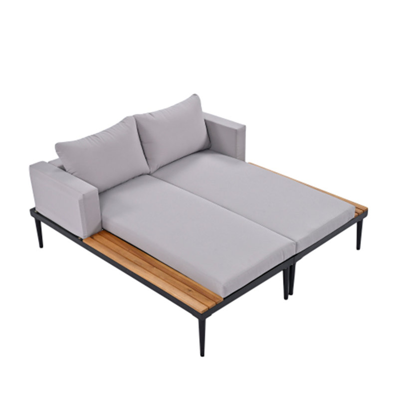 Modern Outdoor Metal Daybed With Wood Topped Side Spaces, 2-In-1 Padded Chaise Lounges For Poolside, Balcony & Deck, Beige