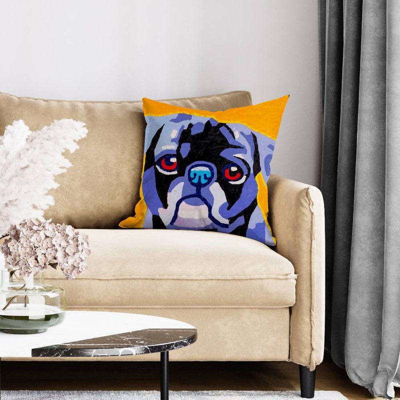 Flash the pug - 20"x20" Throw pillow - Poly twill - Print on demand, Gold/Blue