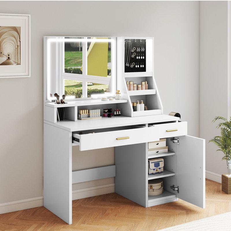 Bureau de maquillage avec lumières miroir, prises de courant et rangement pour bijoux, Blanc