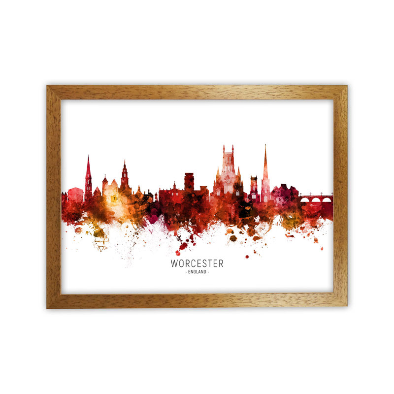 Worcester England Skyline Red City Name by Michael Tompsett - Print, Oak Framed, 25cm H x 34cm W x 3cm D