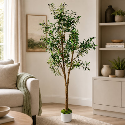 6FT Artificial Olive Tree with White Planter Lifelike Fruits Leaves and Natural Olive Branches for Indoor Outdoor Decor Plant for Living Room Bedroom Office