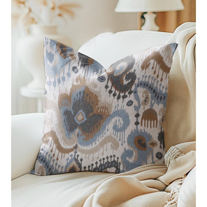 Grey Blue Brown Paisley Azteca Pillow Cover, Square 19"