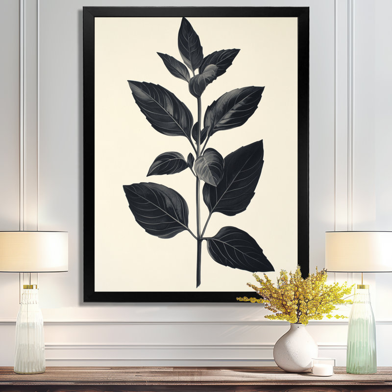 Tige de basilic au charbon de bois - Tableau botanique encadré sur toile, H 32 po x l 24 po, Cadre photo noir