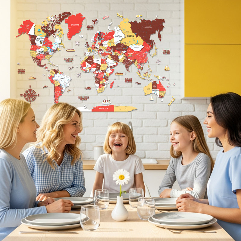 3D Wooden World Map – UV Printed Wall Art, Modern Home & Office Decor, Red/Yellow/Brown/White, 125cmH x 180cmW x 1cmD
