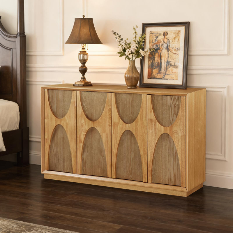 59.69" Modern Sideboard – 2-Inch Classic arched solid wood doors with a retro feel, Natural, No