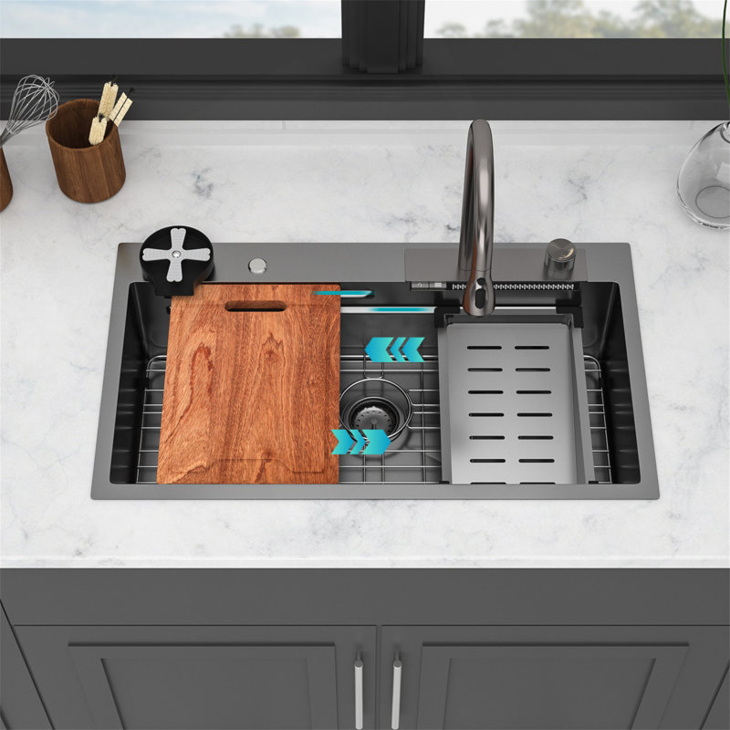 Évier de cuisine en cascade 33 po noir - 33 po x 19,29 po x 9 po, évier de cuisine multifonctionnel à simple cuve en acier inoxydable de calibre 16 avec comptoir de cuisine